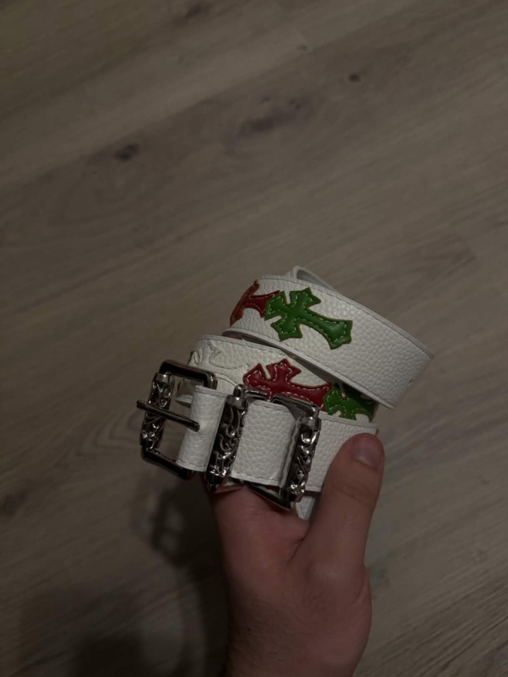 Chrome Hearts White Leather Belt with Red & Green Cross Accents